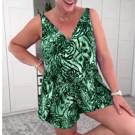 Sleeveless V-Neck Printed Swimsuit