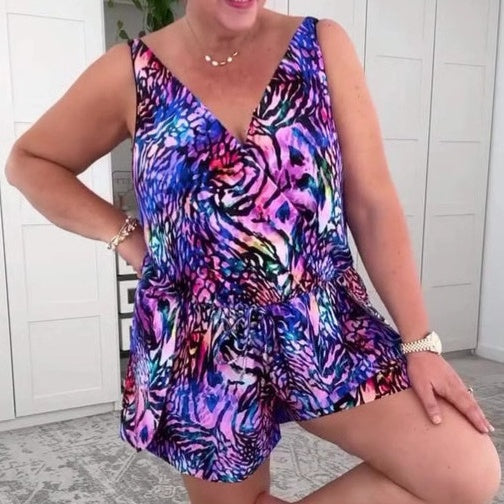 Sleeveless V-Neck Printed Swimsuit